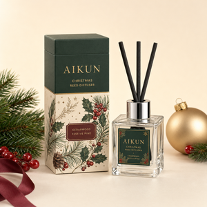 Aikun Cedarwood Festive Pine Clear <b>Square</b> Glass Christmas Reed Diffuser <b>Set</b> with Silver Collar Black Fiber Sticks for Holiday - Product Image 1