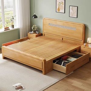 Directo de fábrica, muebles de dormitorio minimalistas modernos de tamaño <span class=keywords><strong>Queen</strong></span> King, marco de madera para Hotel, almacenamiento de cama de ratán para venta al por mayor - Product Image 2
