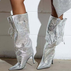 Botas Plateadas Anchas y Holgadas para Mujer, Botas Altas hasta la Rodilla con Punta Puntiaguda, Zapatos de Tacón Alto con Cordones Laterales - Product Image 1
