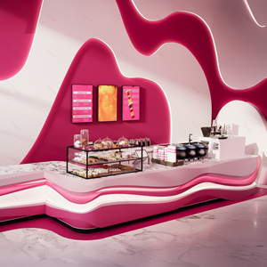 Vetrina Espositiva per Dessert in Vetro Personalizzata con Bancone, Set di Design per Negozio di Bubble Tea, Soluzione Completa per Interni di Pasticcerie - Product Image 1