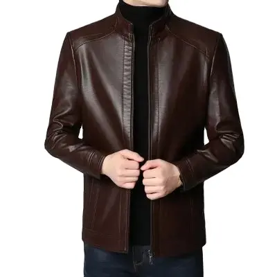 2023 nueva chaqueta de cuero suave fina de mediana edad para hombres de mediana edad, chaqueta de decoración Vintage de invierno, chaqueta acolchada de una sola pieza