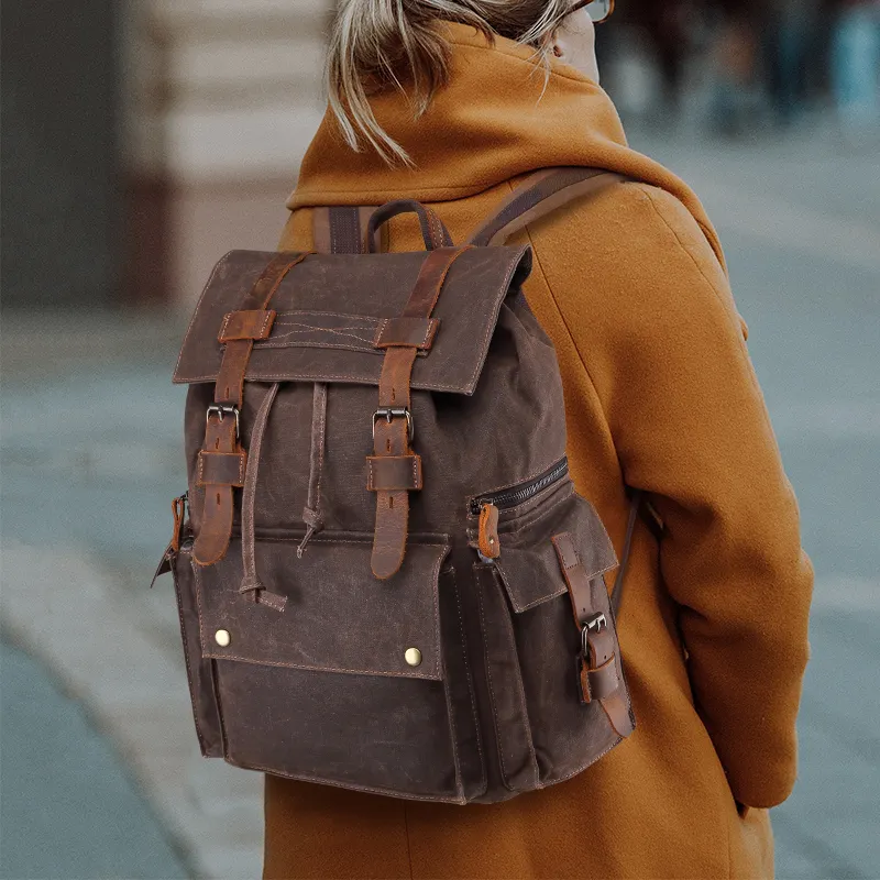 Mochila de viaje al aire libre impermeable de gran capacidad, mochilas escolares de lujo Unisex personalizadas, mochila de lona encerada Vintage para hombres