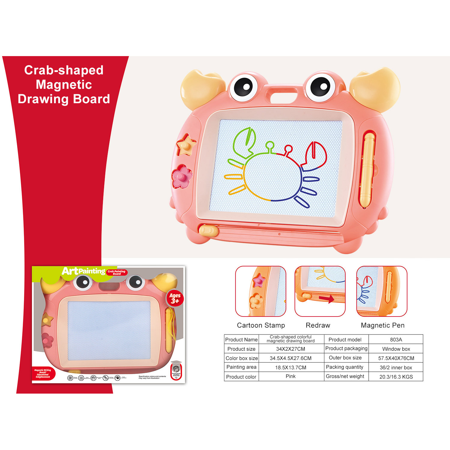 Pink crab-shaped magnetic coloring board with window box