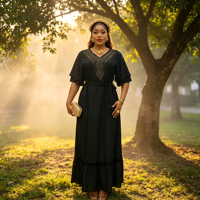 Robe longue évasée pour femme grande taille, légère, faite main, ornée de perles et de sequins, en polyester uni, style ethnique, pour mariage, à manches longues et col montant