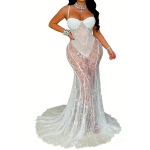 Women's Sheer Lace Corset Bodice Maxi Dress <b>Spaghetti</b> <b>Strap</b> Evening Gown Dresses Womens Clothes Fashion - Product Image 2