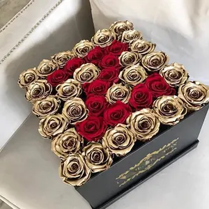 Personalizado real rosa dourado logotipo caixa, luxuoso preservado rosas na caixa de presente flores para dia dos namorados
