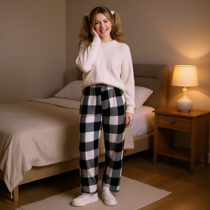 J797R Set Pigiama Lavorato a Maglia per Donna, Maniche Lunghe, Collo Tondo, Motivo a Quadri, Lunghezza Intera, Morbido Abbigliamento Invernale da Notte con Vita Elasticizzata - Product Image 2