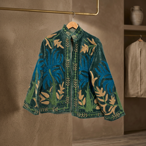 Veste en velours vert foncé pour femme, broderie florale, col mandarin, manches longues, fermeture éclair, style ethnique bohème, automne - Product Image 5