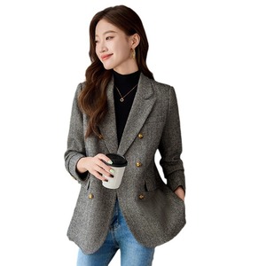 Women's Wool Blazer Double Breasted Herringbone Pattern Slim Fit Office Suit Jacket Autumn Winter 2024 Gray Brown Color - Product Image 5