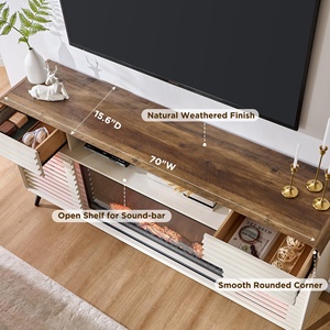 Giữa Thế Kỷ hiện đại TV đứng với lò sưởi điện đèn LED gỗ phương tiện truyền thông giao diện điều khiển trượt Slatted cửa lưu trữ Kệ - Product Image 3