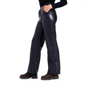 Pantalon en similicuir PU taille haute pour femme, coupe ample, jambe large, longueur intégrale, couleur unie, avec poches, fermeture éclair, style automne - Product Image 1