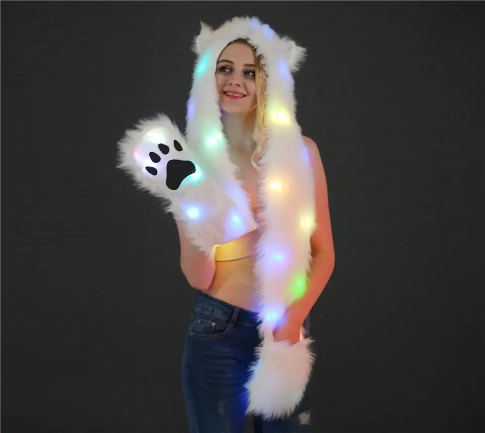 Women Christmas LED Faux Fur Hat Light Up Hood Animal Cap With Scarf Gloves Stage Costumes Nightclub Outwear Winter Hats