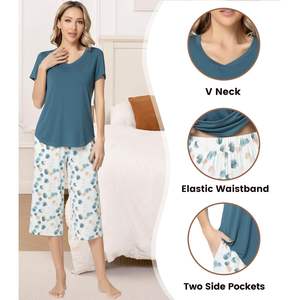Conjunto de Pijama Personalizado para Mujer, Cuello en V, Manga Corta, Pantalones Capri, Ropa de Dormir de Punto Suave para Mujer - Product Image 4