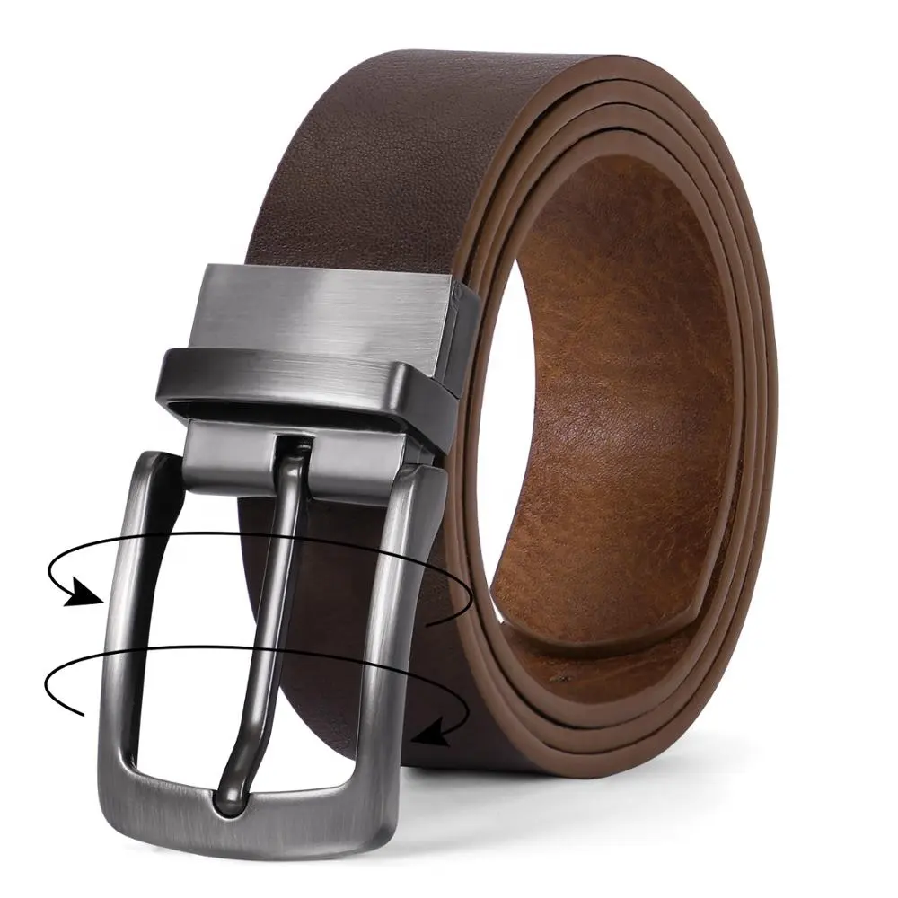 Cinturón Reversible de cuero PU de doble cara para hombre, cinturón de vestir negro y marrón, hebilla giratoria, cinturón Vintage, 2021