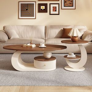 Juego de Mesa de Centro Moderno y Lujoso en Estilo Crema, Combinación de Madera de Nogal Resistente, para Sala de Estar Pequeña - Product Image 2