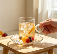 Ensemble de tasses à café en verre transparent avec anse blanche, soucoupe assortie, tasse en verre borosilicate résistante à la chaleur pour thé, latte, maison, café