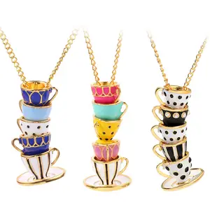 أزياء المينا فنجان قلادة قلادة للنساء مجوهرات اليد رسمت الملونة فنجان شاي القهوة أكواب جمع