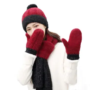Cute Girls Scarf Mittens Hat Suits Winter Knitted Acrylic Lovely Hat Scarf And Gloves Sets For Women