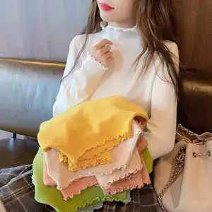 Mới Mùa Thu Mùa Đông Phụ Nữ Giản Dị Rắn Loose Dài Tay Áo Ruffles Nửa Cao Cổ T-Shirts Lady Cô Gái Cơ Bản T Áo Sơ Mi Áo Rắn Top