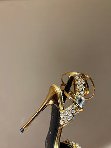 Sandales d'été formelles à talon aiguille de 105 mm, entièrement ornées de diamants, avec bride dorée de luxe cousue à la main, style très tendance - Product Image 5