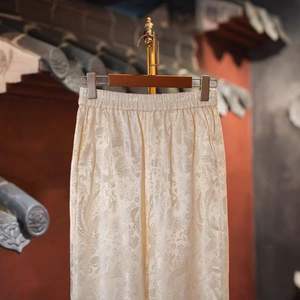 <span class=keywords><strong>Pantalon</strong></span> large en satin jacquard de soie haut de gamme pour <span class=keywords><strong>femme</strong></span>, motif Dragon et Phénix, taille élastique, couleur abricot - Product Image 3