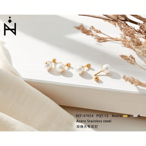 Boucles d'oreilles en perles Tz, grande taille, acier inoxydable, fausses perles, plaqué or, bijoux minimalistes pour femmes - Product Image 2