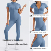 Combinaison de yoga à manches courtes avec fermeture éclair, logo personnalisé, pour femmes, en polyamide recyclé, écologique, sans couture, pour la salle de sport et l'entraînement