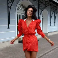 Robe midi à pois de style français vintage pour femmes, col élégant, manches trois quarts, mode automne