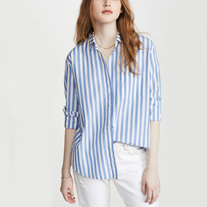 Nouvelle chemise rayée verticale en coton 100% bleu pour femmes grandes tailles, boutonnée - Product Image 1