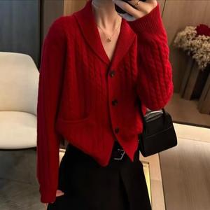 Nuevo Cárdigan de Punto con Solapa para <span class=keywords><strong>Mujer</strong></span>, Cierre de un Solo Botón, Diseño Trenzado de Alta Gama, Informal y Versátil - Product Image 4