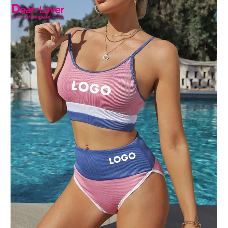Dear-Lover Custom Logo Silicone Printing High Waist Ribbed Two Piece Beachwear Bikini Set Custom Fitness Swimwear Women