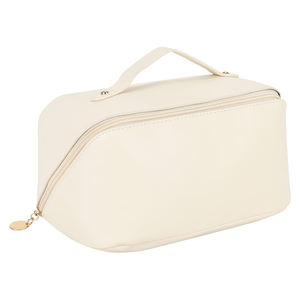 Customized Organizer Beauty Pouch Pu Leather Open <b>Flat</b> Cosmetic <b>Pillow</b> Makeup Storage Travel Toiletry Bag With Gold Zipper - Product Image 1