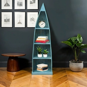 Boat-Shaped Wooden Display Shelf <b>Unit</b> | Distressed Blue Open Storage Rack | Nautical Style <b>Corner</b> Shelf for Living Room & Home - Product Image 1