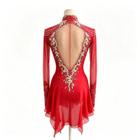 Robe de patinage artistique rouge vif à col montant, manches longues en résille, costume de compétition orné de strass, personnalisable pour enfants, adolescents et adultes, OEM