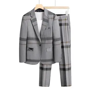 卸売メンズスーツフォーマル2ピースコートパンツオフィスメンズビジネスカジュアルチェック柄スーツ男性用