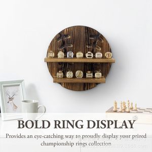 Retro Wooden <b>Wall</b> <b>Mounted</b> Champion Ring Rack 2 Tier Circular Display <b>Shelf</b> For Home Decor Baseball Theme - Product Image 4