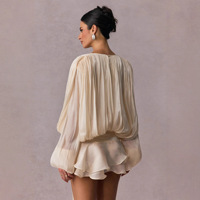 Motif solide élégant été deux pièces robe courte ensemble pour les femmes décontracté irrégulière Mini robe manches bouffantes jupe à volants plaine teint