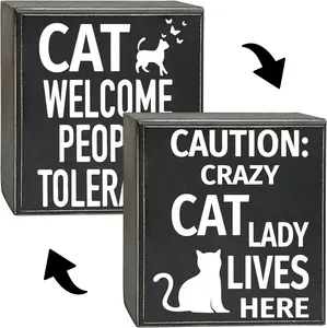 卸売農家木製ボックスサイン猫歓迎人許容注意クレイジー猫女性はここに住んでいます猫歓迎サイン