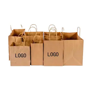 Customized Printed Recyclable Food Paper Bags Large Size Brown Kraft Paper Food Bag With Handle