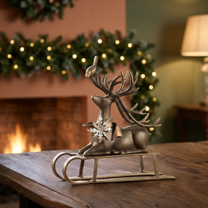 Elegant Reindeer Sleigh Decor with Snowflake Detailing Perfect for Holiday Home <b>Decoration</b> and <b>Winter</b> Accents - Product Image 1