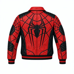 เสื้อแจ็คเก็ตบอมเบอร์หนัง PU ลายสไปเดอร์แมนสำหรับผู้ชาย สีแดงดำ ลายเรขาคณิต ซิปหน้า ปกคอพับได้ สไตล์มอเตอร์ไซค์ สตรีทแวร์ - Product Image 2