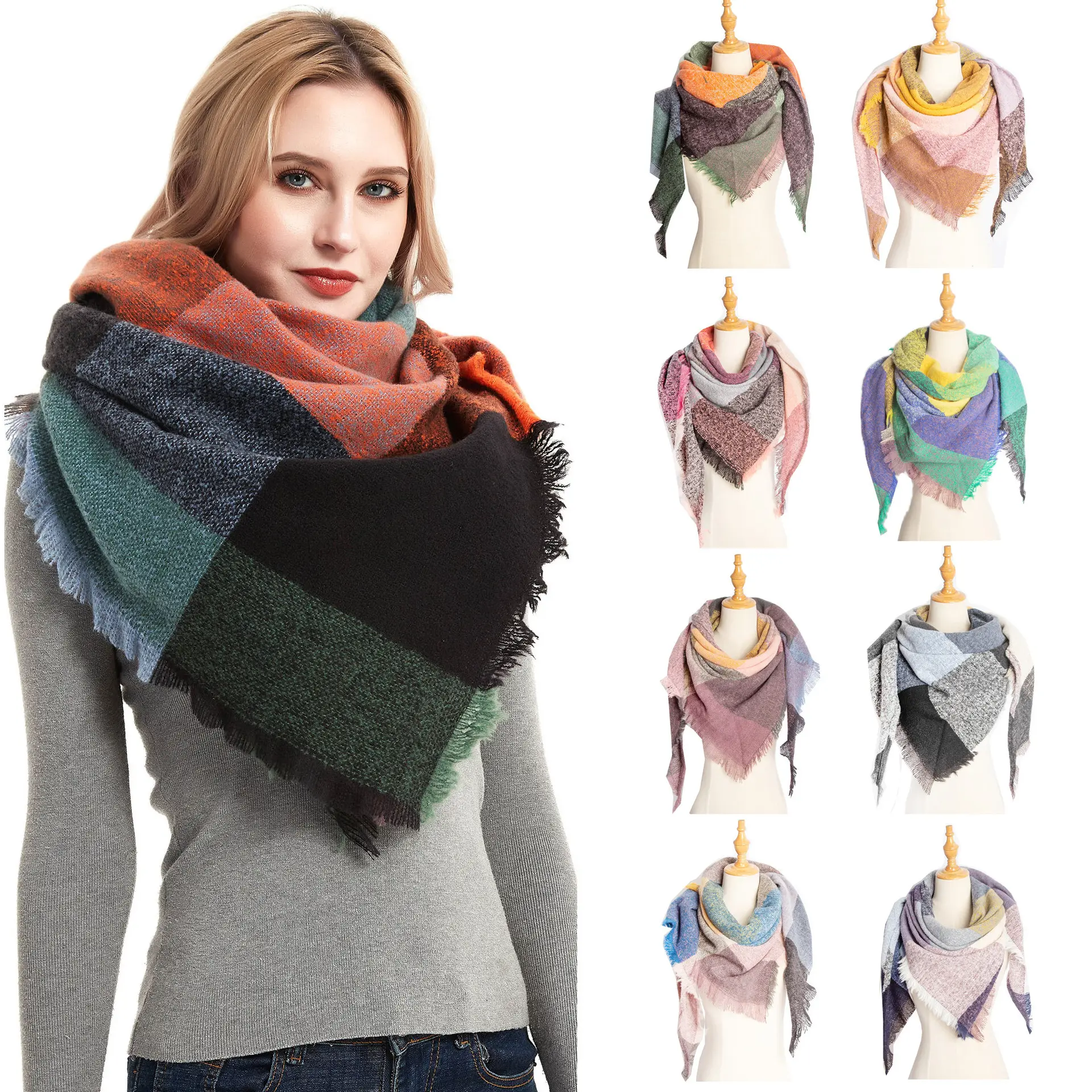 Ranzhuo 뜨거운 판매 가을과 겨울 새로운 기하학적 패턴 아크릴 니트 작은 격자 무늬 스퀘어 스카프 여성 따뜻한 삼각형 스카프