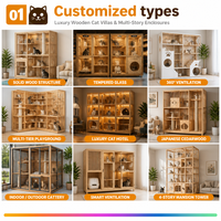 Grande villa en bois pour chat, enclos intérieur avec portes transparentes, échelle, griffoir et roulettes