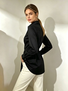 Blusa elegante ajustada de manga larga con cuello vuelto y botones, blusa formal para oficina, trabajo y negocios para mujer - Product Image 2