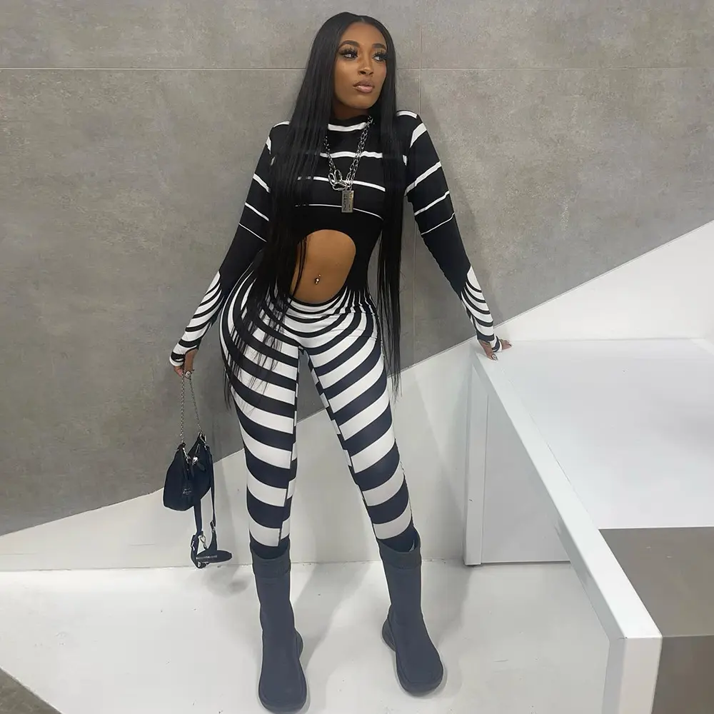 New Casual Striped Jumpsuit Prom Party Tight Navel Sexy Bodysuit Street Y2K Fashion Trend Women Long Sleeve Jumpsuit