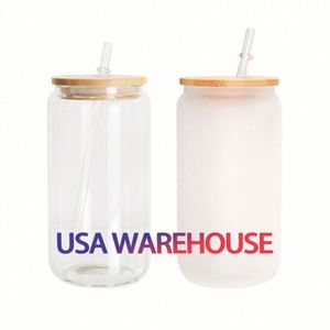 Us Warehouse Stocked 12 16 Oz Blank Sublimation Beer Can Shaped <b>Glass</b> Cup With Bamboo Lid and <b>Straw</b> - Product Image 1