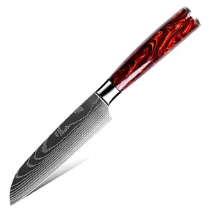 Factory Hand-Made 10pcs 8pcs Santoku Knife Set Red Resin Handle 4cr13 Santoku Bread Laser Damascus Pattern Kitchen Knives Sets