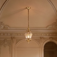 Grand lustre suspendu en verre et cuivre pour hall d'entrée, lanterne en verre découpé pour plafond double hauteur, décoration de couloir d'escalier