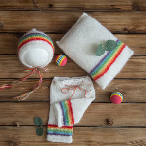 Ensemble de 3 pièces pour bébé, fille, garçon, chapeau arc-en-ciel, pantalon et oreiller, tricoté à la main, tenue de photo pour nouveau-né, <span class=keywords><strong>bonnet</strong></span> de costume pour bébé - Product Image 3