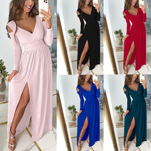 Vestido de punto elástico de manga larga con cuello en V y abertura lateral para mujer, estilo midi, ideal para Dropshipping en Shopify - Product Image 6